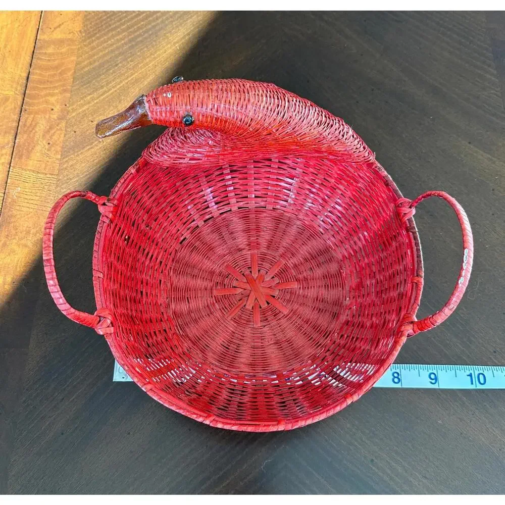 Vintage Red Wicker Duck Goose‎ Basket, Glass Eyes